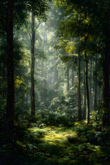 Obraz premium Tranquil Forest Scene with Sunlight Filtering Through Leaves, Creating a Dance of Dappled Light on the Forest Floor in a Serene Woodland Setting