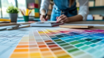 Fototapeta premium Designer's Work Scene: Fan-shaped Color Palette Swatch Book in Foreground with Grid Color Cards, Background Designer Working, Accompanied by Architectural Blueprints and Design Tools, Full of Creativi