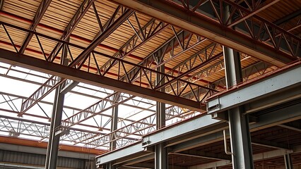 Fototapeta premium Abstract industrial steel beams create striking patterns in natural construction lighting.