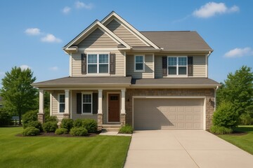 Classic american suburban house with driveway and green lawn is shining under blue sky