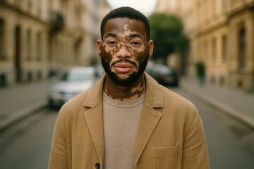 Fototapeta premium Confident young man with vitiligo posing in city street