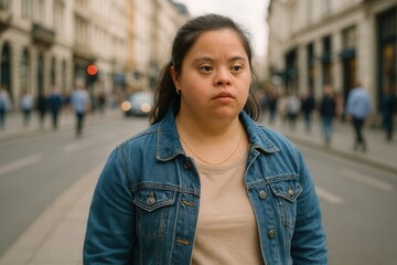 Fototapeta premium Young woman with down syndrome walking down the street