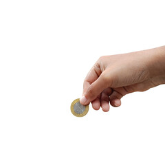 Hand holding Indian 10 Rupee coin in giving gesture, isolated on white background, banking, finance, charity, and business.