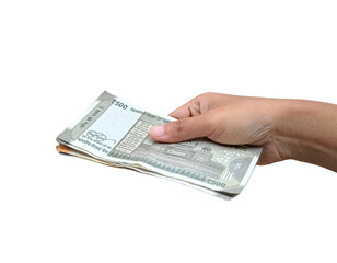 Hand holding a multiple 500 rupee note and few 200 rupee note below, isolated PNG, business, payment, cashflow.