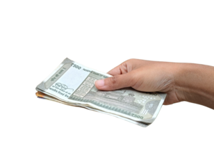 Hand holding a multiple 500 rupee note and few 200 rupee note below, isolated PNG, business, payment, cashflow.