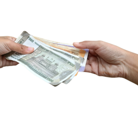 A close-up of hands exchanging multiple Indian banknotes, ₹500 and ₹200 notes and ₹100 currency, giving and receiving of money, salary, money transfers, financial, banking, business.