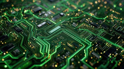 Obraz premium Close-up of a Circuit Board's Intricate Green Pathways