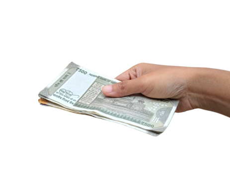 Hand holding a multiple 500 rupee note and few 200 rupee note below, isolated PNG, business, payment, cashflow.