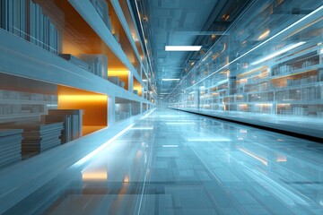 Obraz premium Futuristic library interior with glowing shelves and advanced technology in a visually striking environment