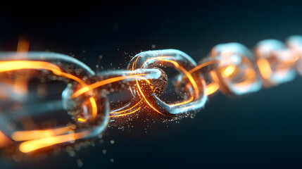 Digital Chain Connection: A dynamic, close-up perspective showcasing the interlocking links of a chain illuminated with bright digital lights and fire, representing concepts such as technology, unity.