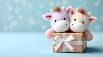 Two adorable plush toy cows are sitting on a gift box with a ribbon, creating a charming and playful atmosphere for celebrations and special occasions. Selective focus