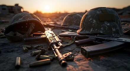 Military battlefield with ak 47 rifle ammunition and helmets at sunset dramatic lighting