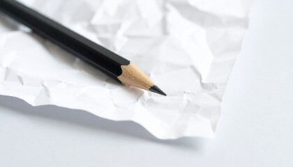Black pencil rests diagonally on crumpled white paper evoking creativity tension and revision