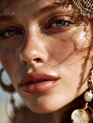 Close-up: lips, shells, and gold dust on cheekbones