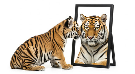 Obraz premium A tiger cub looking at its reflection in a black framed mirror on a white background in a studio