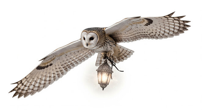 A barn owl in flight carrying a lit ornate lantern against a stark white studio background shot head on