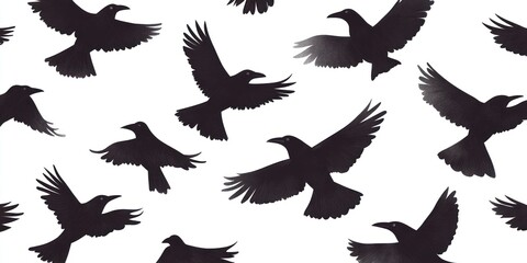 Fototapeta premium Silhouette of flying crows on a white background, creating a dynamic, scattered pattern