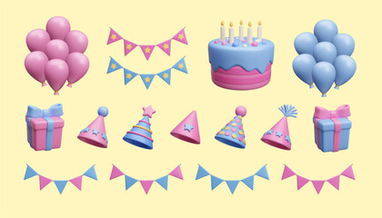 Pink and blue baby shower party decoration 3D icon set. Boy or girl gender reveal party set: birthday cake, inflated air balloons bunch, surprise gift box, flag garlands 3D style vector render set.
