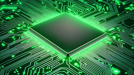 A green computer chip with a black background