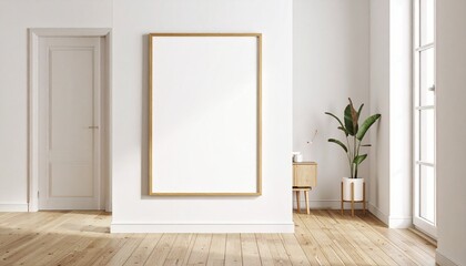 Blank white frame on wall in sunlit room with wood floor evoking minimal calm space