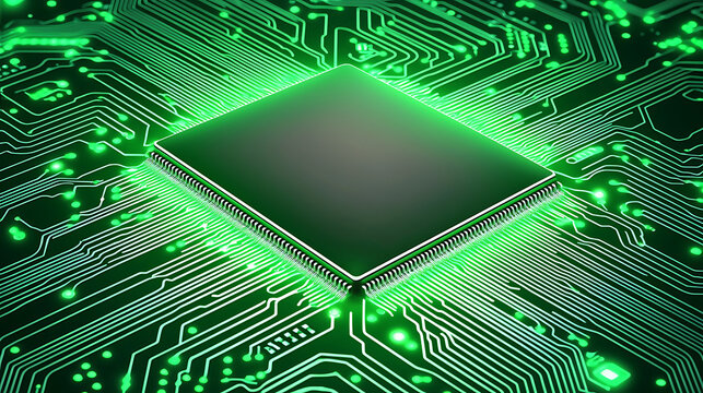 A green computer chip with a black background