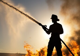 Obraz premium Firefighter battling flames outdoor training ground action shot dramatic environment silhouette viewpoint
