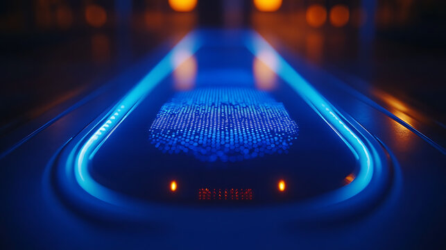 Close-up of a biometric scanner, pulsating light indicating an active scan, professional diffused lighting preventing glare, sharp resolution of the fingerprint sensor, cinematic focus pull, 