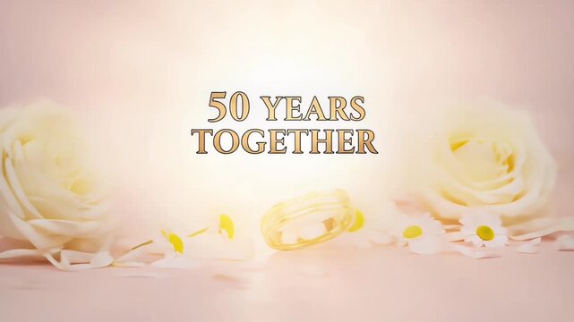 Elegant 50th Golden Wedding Anniversary greeting card with beautiful white roses on a soft pastel background. Celebrating fifty years together.