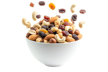 Mix nuts and dry fruits in a bowl with white background
