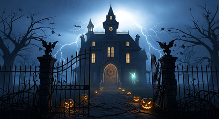A spooky halloween scene with a haunted house, pumpkins, lightning, and an open wrought iron gate