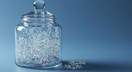 Crystalline Winter Preserved: A Glass Jar Brimming with Icy Snowflakes on a Cool Blue Background