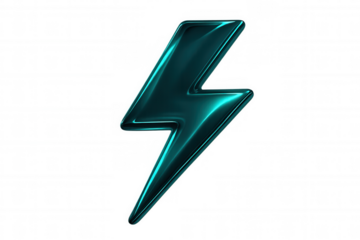Glossy teal lightning bolt icon isolated on transparent background, representing power, energy, and electricity
