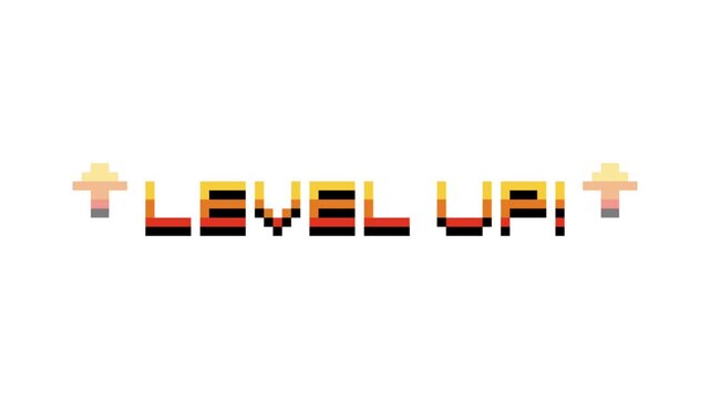 8-bit pixel art yellow and orange level up text with arrow on white background. looped animation 4k 30fps