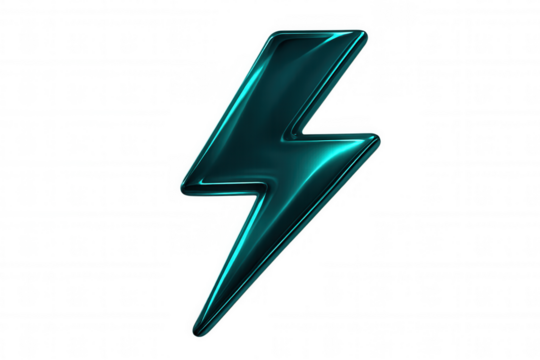 Glossy teal lightning bolt icon isolated on transparent background, representing power, energy, and electricity
