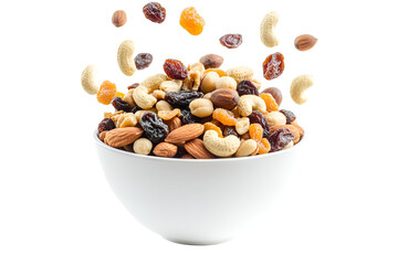 Mix nuts and dry fruits in a bowl with white background
