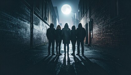 Five silhouetted figures under full moon in alleyway evoking suspense mystery and cinematic tension