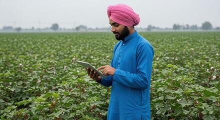 Young Indian Farmer Using Digital Tablet in Green Cotton Field – Modern Smart Farming Technology