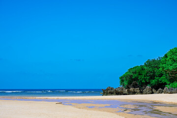  小川が流れる白砂の石垣島クリスタルビーチの自然美
