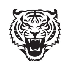 Fototapeta premium Black and white illustration of a roaring tiger's head in profile view. 