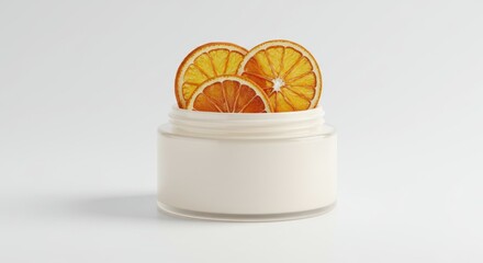 Organic Beauty Mockup: Vibrant Dried Orange Slices in a White Cream Jar on a Clean Background