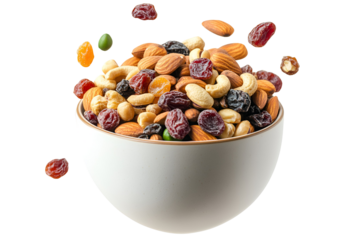 Mix nuts and dry fruits in a bowl with white background