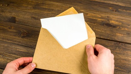 Obraz premium Brown paper envelope with a white sheet of paper inside.