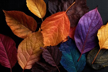 Vibrant autumn leaves in various hues of orange, red, purple, and gold, resting on a dark surface.  A collection of fallen leaves displaying a rich array of colors
