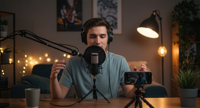 Young Male Content Creator Recording Podcast with Microphone and Smartphone at Home