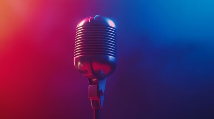 Retro microphone in vibrant red and blue lighting on dark background for music theme
