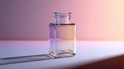 Minimal glass perfume bottle with pink highlights on clean pastel background and shadow