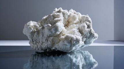 Natural white rock on reflective surface with blue background for geology or decor