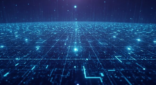 Abstract digital network of glowing blue circuits and data streams creating a futuristic technological landscape