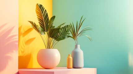 Modern pastel home decor with plants and minimalist vases against blue and peach background