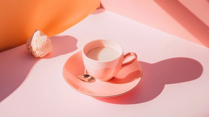 Minimal tea cup and shell on pink background with long shadow and warm lighting